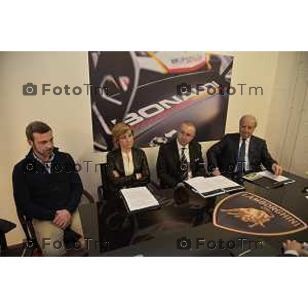 Bergamo Presentazione nuova officina corse Bonaldi motorsport, e la nuova huraca gt3 affidata al giovane pilota Patrik Kujala Nella foto da sx Marco Bielli Team Manager- Simona Bonaldi Ad Grupp Bonaldi - Michele Brusa Manager grupp Bonaldi e Gianemilio Brusa Ad Grup Bonaldi