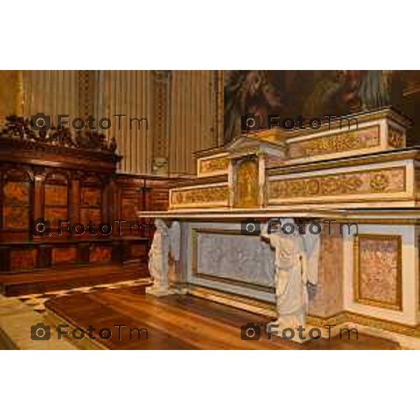 Foto Manzoni Tiziano/LaPresse 4-04-2023Bergamo Italia - Cronaca - Basilica di Santa Maria Maggiore, in Città Alta Bergamo restauro Coro dei Laici Coro ligneo di Giovan Francesco Capoferri e Lorenzo Lotto