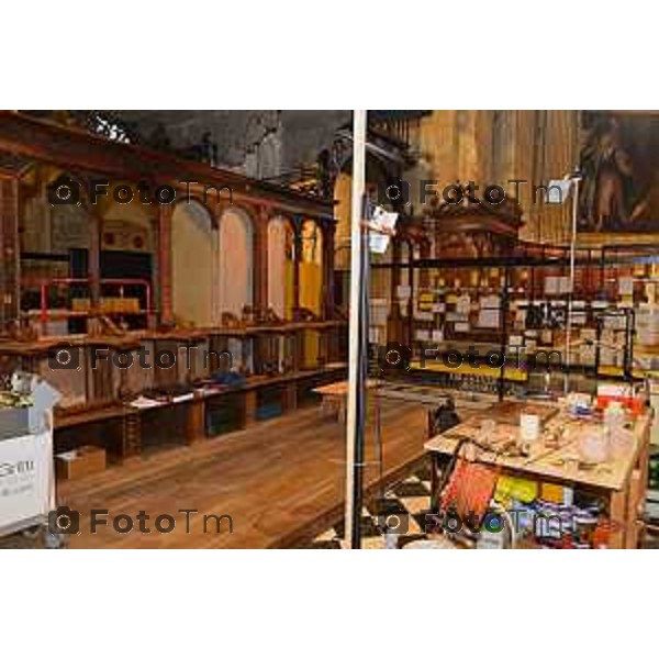 Foto Manzoni Tiziano/LaPresse 4-04-2023Bergamo Italia - Cronaca - Basilica di Santa Maria Maggiore, in Città Alta Bergamo restauro Coro dei Laici Coro ligneo di Giovan Francesco Capoferri e Lorenzo Lotto