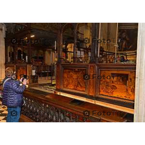 Foto Manzoni Tiziano/LaPresse 4-04-2023Bergamo Italia - Cronaca - Basilica di Santa Maria Maggiore, in Città Alta Bergamo restauro Coro dei Laici Coro ligneo di Giovan Francesco Capoferri e Lorenzo Lotto