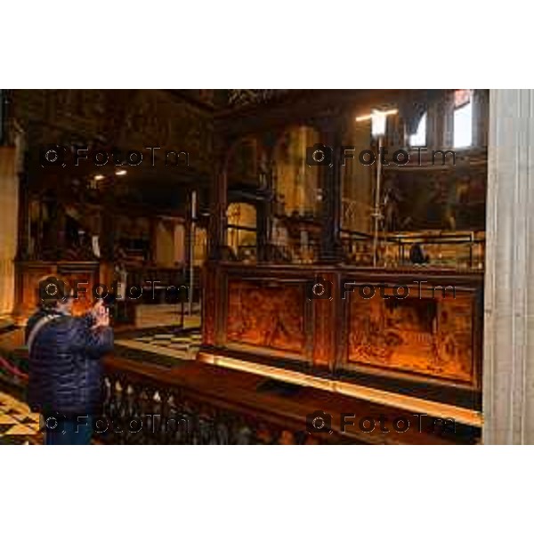 Foto Manzoni Tiziano/LaPresse 4-04-2023Bergamo Italia - Cronaca - Basilica di Santa Maria Maggiore, in Città Alta Bergamo restauro Coro dei Laici Coro ligneo di Giovan Francesco Capoferri e Lorenzo Lotto