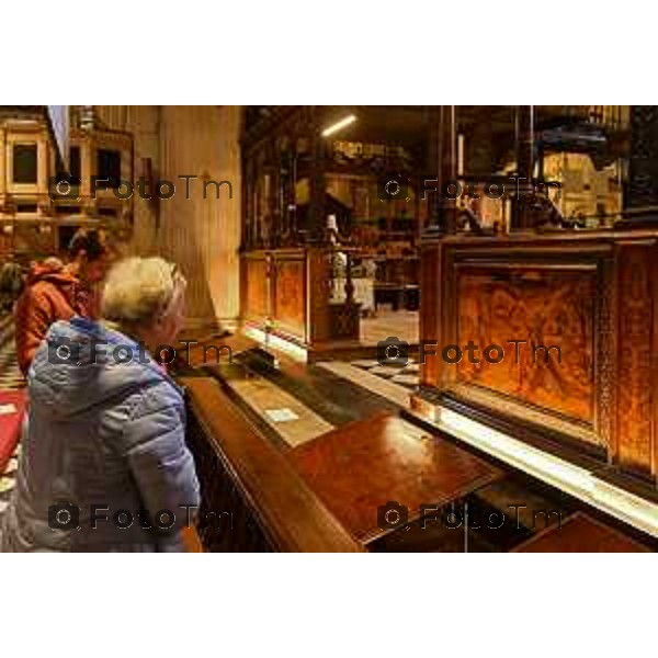 Foto Manzoni Tiziano/LaPresse 4-04-2023Bergamo Italia - Cronaca - Basilica di Santa Maria Maggiore, in Città Alta Bergamo restauro Coro dei Laici Coro ligneo di Giovan Francesco Capoferri e Lorenzo Lotto