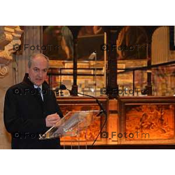 Foto Manzoni Tiziano/LaPresse 4-04-2023Bergamo Italia - Cronaca - Basilica di Santa Maria Maggiore, in Città Alta Bergamo restauro Coro dei Laici Coro ligneo di Giovan Francesco Capoferri e Lorenzo Lotto Armando Santus, Presidente Fondazione Banca Popolare di Bergamo