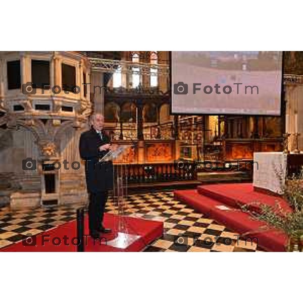 Foto Manzoni Tiziano/LaPresse 4-04-2023Bergamo Italia - Cronaca - Basilica di Santa Maria Maggiore, in Città Alta Bergamo restauro Coro dei Laici Coro ligneo di Giovan Francesco Capoferri e Lorenzo Lotto Armando Santus, Presidente Fondazione Banca Popolare di Bergamo