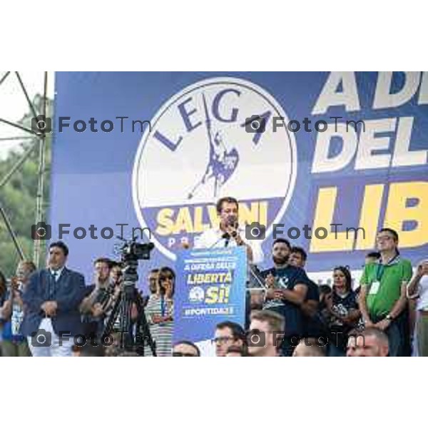 Tiziano Manzoni/LaPresse 17-09- 2023 Bergamo, Italia Cronaca Bergamo Bergamo manifestazione Pontida sul palco Matteo Salvini e Marine Le Pen