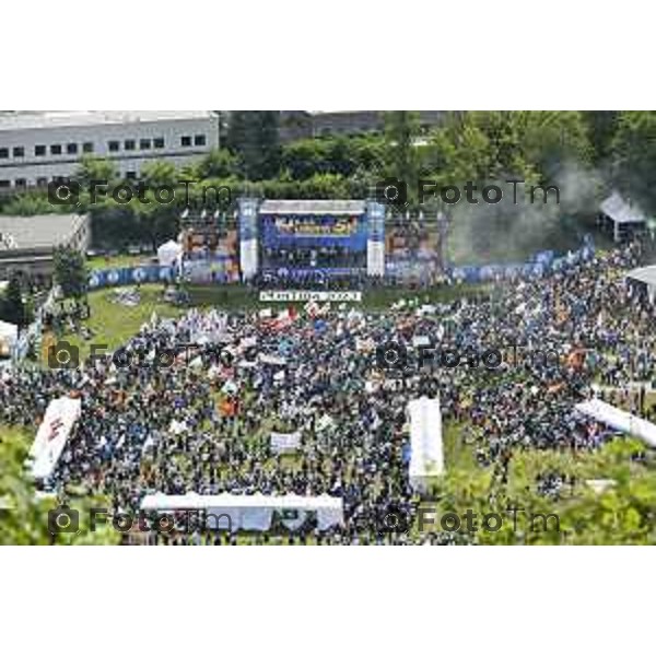 Tiziano Manzoni/LaPresse 17-09- 2023 Bergamo, Italia Cronaca Bergamo Bergamo manifestazione Pontida sul palco Matteo Salvini e Marine Le Pen