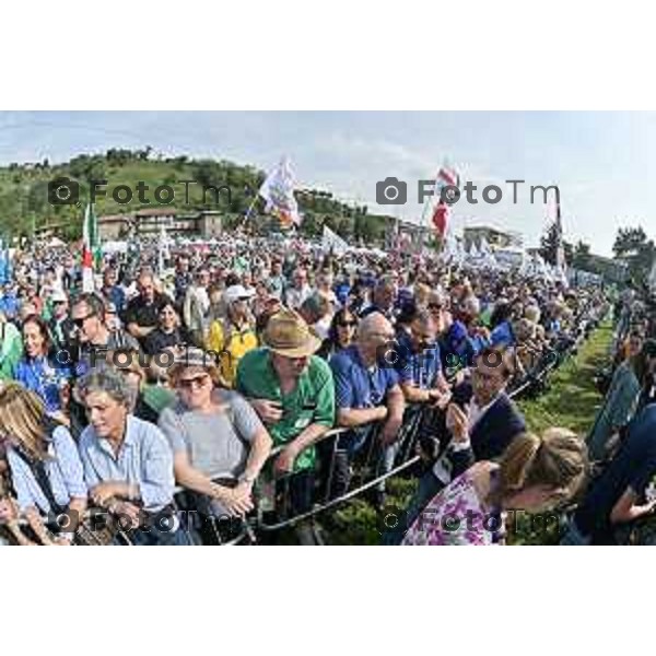 Tiziano Manzoni/LaPresse 17-09- 2023 Bergamo, Italia Cronaca Bergamo Bergamo manifestazione Pontida sul palco Matteo Salvini e Marine Le Pen