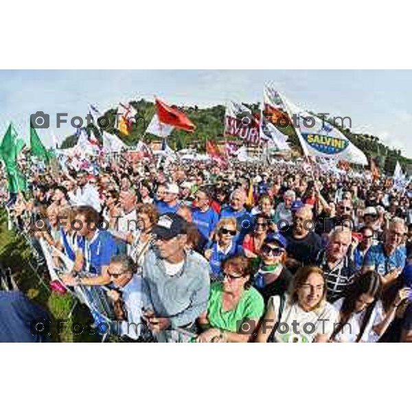 Tiziano Manzoni/LaPresse 17-09- 2023 Bergamo, Italia Cronaca Bergamo Bergamo manifestazione Pontida sul palco Matteo Salvini e Marine Le Pen