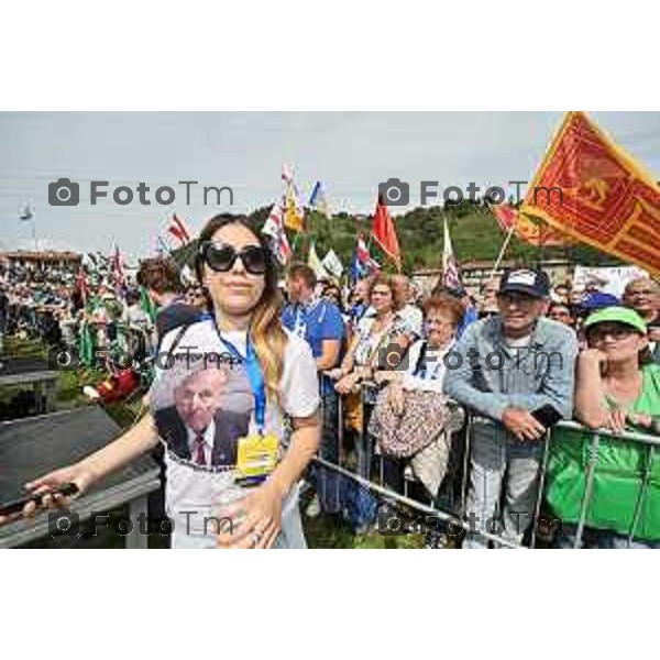 Tiziano Manzoni/LaPresse 17-09- 2023 Bergamo, Italia Cronaca Bergamo Bergamo manifestazione Pontida sul palco Matteo Salvini e Marine Le Pen