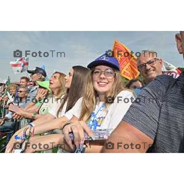 Tiziano Manzoni/LaPresse 17-09- 2023 Bergamo, Italia Cronaca Bergamo Bergamo manifestazione Pontida sul palco Matteo Salvini e Marine Le Pen