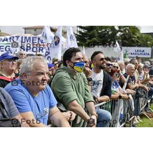 Tiziano Manzoni/LaPresse 17-09- 2023 Bergamo, Italia Cronaca Bergamo Bergamo manifestazione Pontida sul palco Matteo Salvini e Marine Le Pen