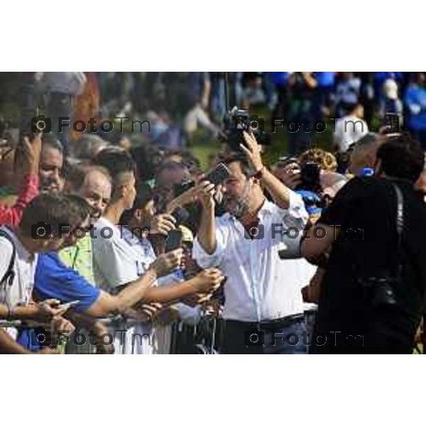 Tiziano Manzoni/LaPresse 17-09- 2023 Bergamo, Italia Cronaca Bergamo Bergamo manifestazione Pontida sul palco Matteo Salvini e Marine Le Pen