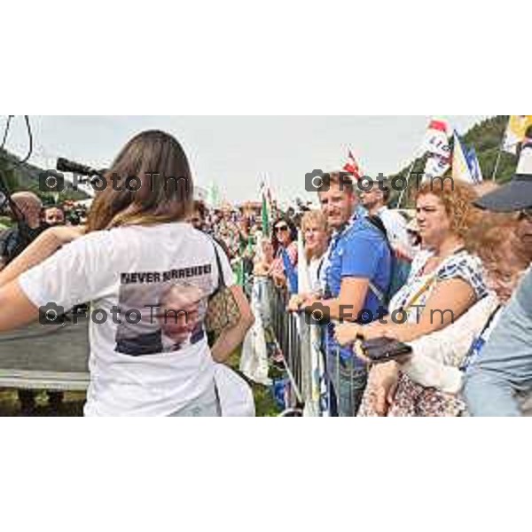 Tiziano Manzoni/LaPresse 17-09- 2023 Bergamo, Italia Cronaca Bergamo Bergamo manifestazione Pontida sul palco Matteo Salvini e Marine Le Pen