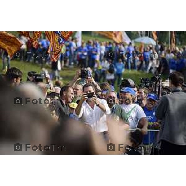 Tiziano Manzoni/LaPresse 17-09- 2023 Bergamo, Italia Cronaca Bergamo Bergamo manifestazione Pontida sul palco Matteo Salvini e Marine Le Pen