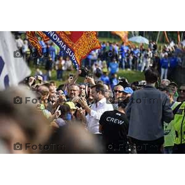 Tiziano Manzoni/LaPresse 17-09- 2023 Bergamo, Italia Cronaca Bergamo Bergamo manifestazione Pontida sul palco Matteo Salvini e Marine Le Pen