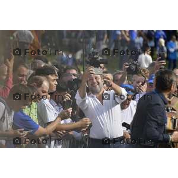 Tiziano Manzoni/LaPresse 17-09- 2023 Bergamo, Italia Cronaca Bergamo Bergamo manifestazione Pontida sul palco Matteo Salvini e Marine Le Pen