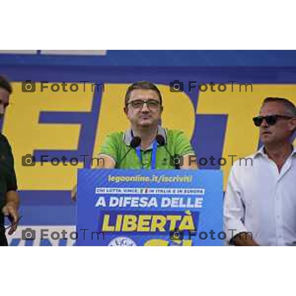 Tiziano Manzoni/LaPresse 17-09- 2023 Bergamo, Italia Cronaca Bergamo Bergamo manifestazione Pontida sul palco Matteo Salvini e Marine Le Pen