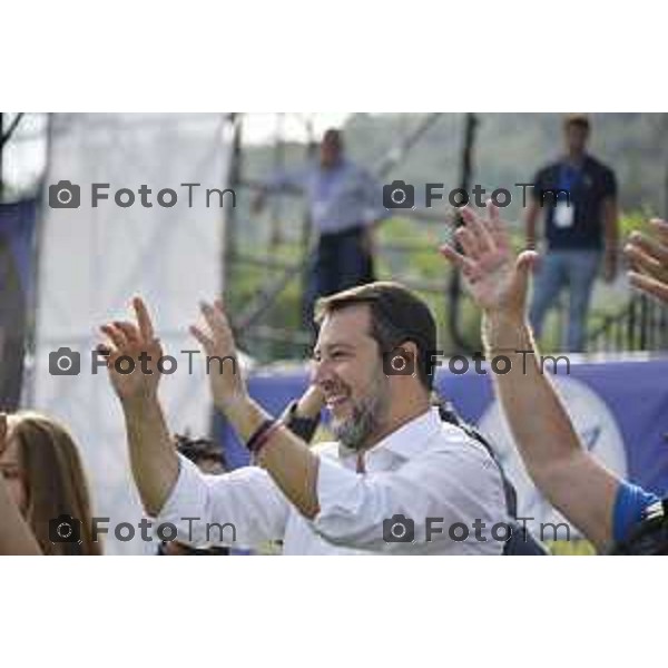 Tiziano Manzoni/LaPresse 17-09- 2023 Bergamo, Italia Cronaca Bergamo Bergamo manifestazione Pontida sul palco Matteo Salvini e Marine Le Pen