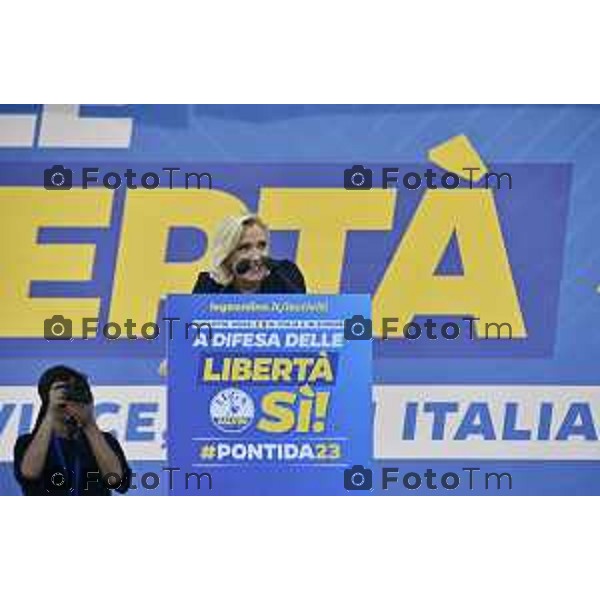 Tiziano Manzoni/LaPresse 17-09- 2023 Bergamo, Italia Cronaca Bergamo Bergamo manifestazione Pontida sul palco Matteo Salvini e Marine Le Pen