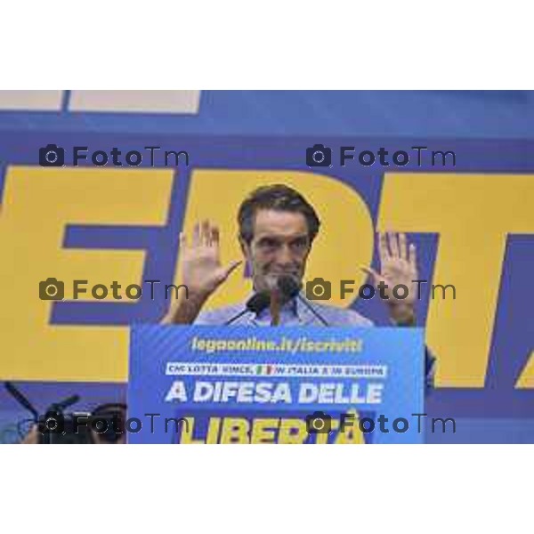 Tiziano Manzoni/LaPresse 17-09- 2023 Bergamo, Italia Cronaca Bergamo Bergamo manifestazione Pontida sul palco Matteo Salvini e Marine Le Pen