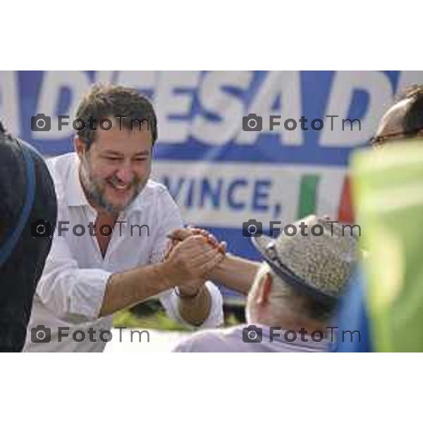 Tiziano Manzoni/LaPresse 17-09- 2023 Bergamo, Italia Cronaca Bergamo Bergamo manifestazione Pontida sul palco Matteo Salvini e Marine Le Pen