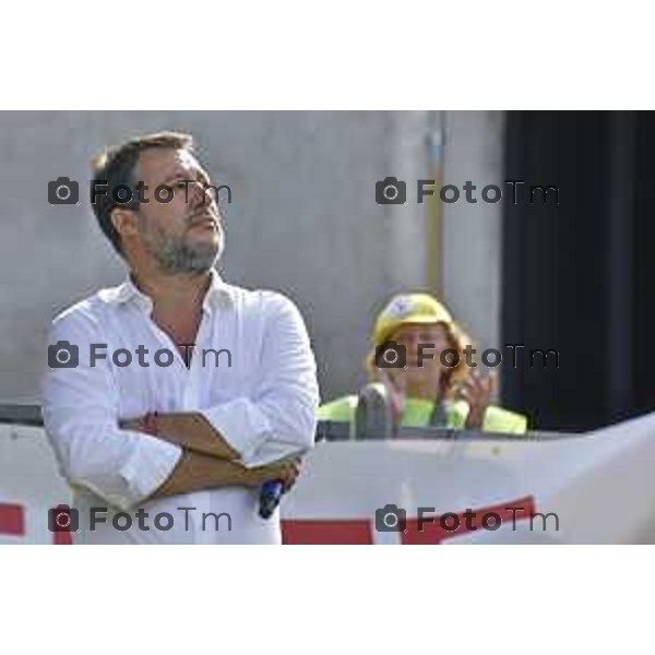 Tiziano Manzoni/LaPresse 17-09- 2023 Bergamo, Italia Cronaca Bergamo Bergamo manifestazione Pontida sul palco Matteo Salvini e Marine Le Pen