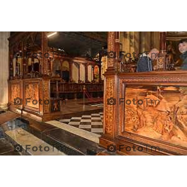 Foto Manzoni Tiziano/LaPresse 27-11-2023 Bergamo Italia- Cronaca Bergamo termine restauro Coro ligneo di Capoferri e Lotto, nella Basilica di Santa Maria Maggiore