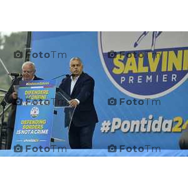 Pontida Bergamo raduno dei militanti leghisti sul sacro suolo di Pontida Matteo Salvini Viktor Orban Tiziano Manzoni/LaPresse 06-10- 2024 Bergamo, Italia Cronaca Politica