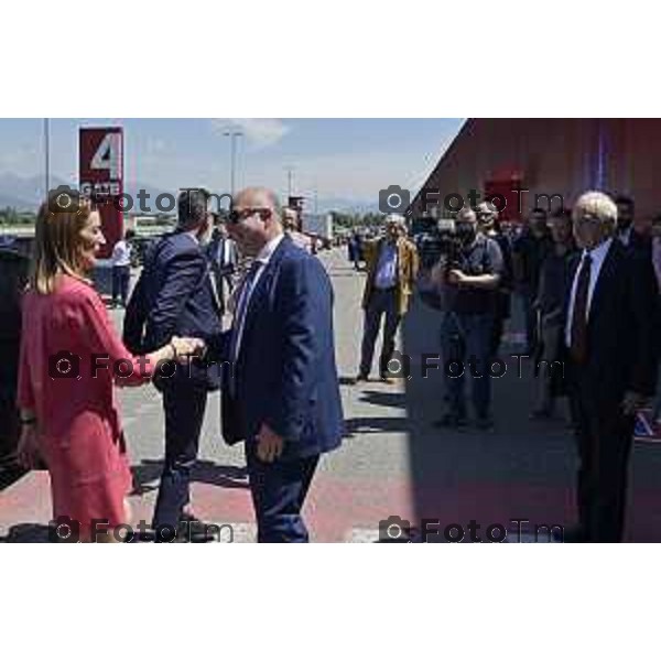 Tiziano Manzoni/LaPresse 29-5- 2025 Italia Cronaca Bergamo presidente del Parlamento Europeo Roberta Metsola al Kilometro rosso, il distretto dell\'innovazione di cui Brembo è motoree il vicepremier Antonio Tajani accolti da Alberto Bombassei.