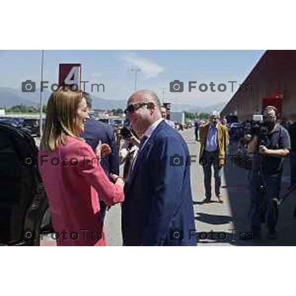 Tiziano Manzoni/LaPresse 29-5- 2025 Italia Cronaca Bergamo presidente del Parlamento Europeo Roberta Metsola al Kilometro rosso, il distretto dell\'innovazione di cui Brembo è motoree il vicepremier Antonio Tajani accolti da Alberto Bombassei.