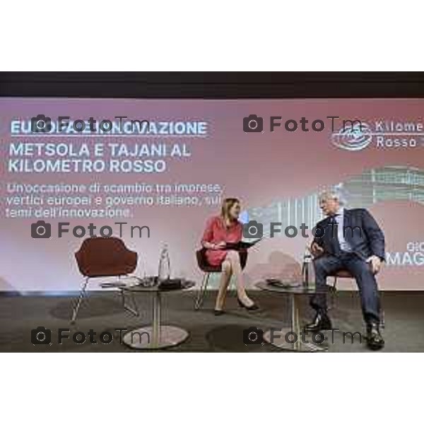 Tiziano Manzoni/LaPresse 29-5- 2025 Italia Cronaca Bergamo presidente del Parlamento Europeo Roberta Metsola al Kilometro rosso, il distretto dell\'innovazione di cui Brembo è motoree il vicepremier Antonio Tajani accolti da Alberto Bombassei.