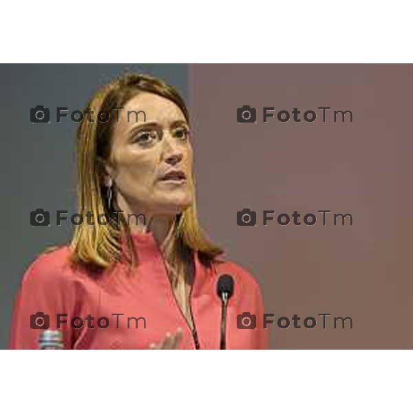 Tiziano Manzoni/LaPresse 29-5- 2025 Italia Cronaca Bergamo presidente del Parlamento Europeo Roberta Metsola al Kilometro rosso, il distretto dell\'innovazione di cui Brembo è motoree il vicepremier Antonio Tajani accolti da Alberto Bombassei.