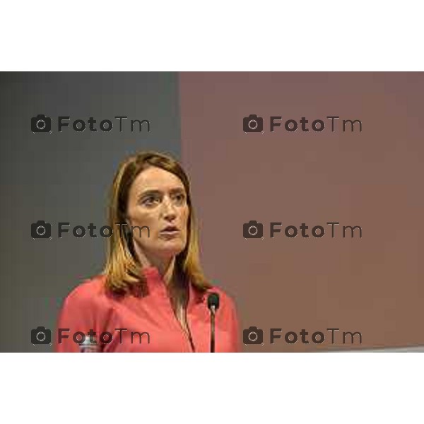 Tiziano Manzoni/LaPresse 29-5- 2025 Italia Cronaca Bergamo presidente del Parlamento Europeo Roberta Metsola al Kilometro rosso, il distretto dell\'innovazione di cui Brembo è motoree il vicepremier Antonio Tajani accolti da Alberto Bombassei.