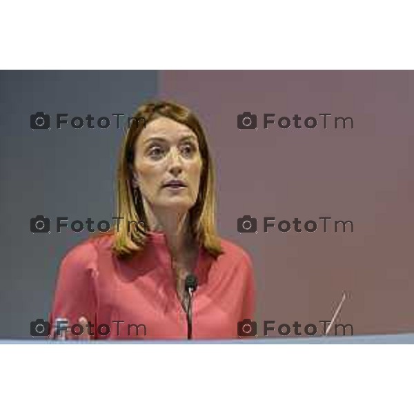 Tiziano Manzoni/LaPresse 29-5- 2025 Italia Cronaca Bergamo presidente del Parlamento Europeo Roberta Metsola al Kilometro rosso, il distretto dell\'innovazione di cui Brembo è motoree il vicepremier Antonio Tajani accolti da Alberto Bombassei.