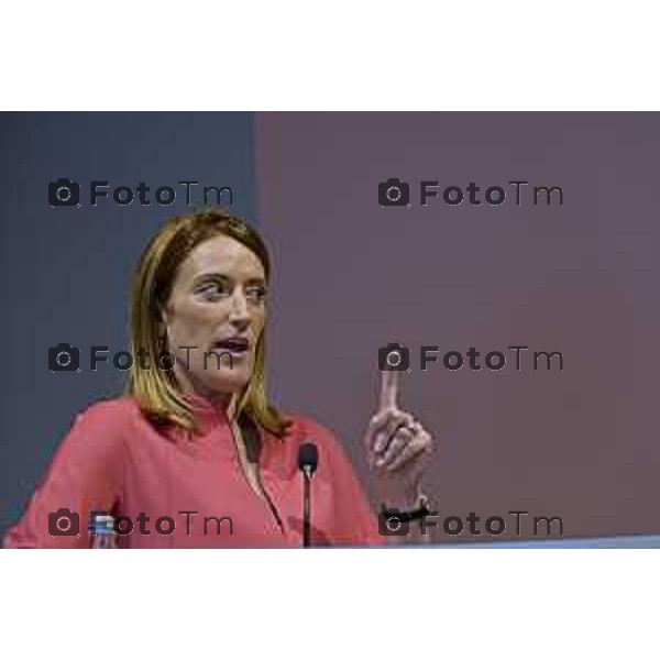 Tiziano Manzoni/LaPresse 29-5- 2025 Italia Cronaca Bergamo presidente del Parlamento Europeo Roberta Metsola al Kilometro rosso, il distretto dell\'innovazione di cui Brembo è motoree il vicepremier Antonio Tajani accolti da Alberto Bombassei.