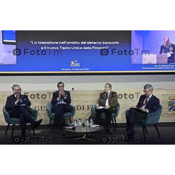 Tiziano Manzoni/Lapresse 9-2-2026 Bergamo convegno Gdf il nuovo Testo Unico della Finanza” da sx Dott. Marco Elio Rottigni, Direttore Generale dell’Associazione Bancaria Italiana, ’On. Prof. Maurizio Leo, Viceministro dell’Economia Dott. Fabio Tamburini, Direttore de “Il Sole 24 Ore”.Avv. Andrea Zoppini, Professore Ordinario di Diritto Civile presso l’Università degli Studi Roma