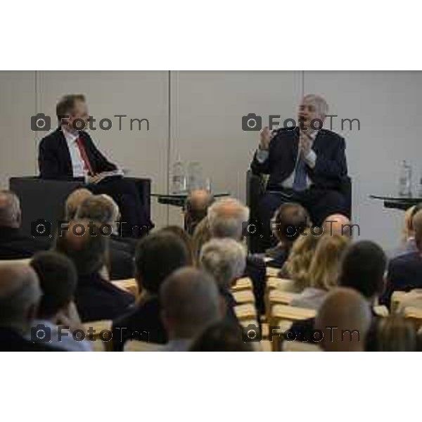 Bergamo presentazione del libro “Brembo - La velocità dei freni, storia di un’impresa dall’Italia al mondo” di Paolo Bricco con Enrico Letta e Francesco Giaazzi 29 maggio 2026 cronaca Bergamo Italia Foto Tiziano Manzoni Lapresse