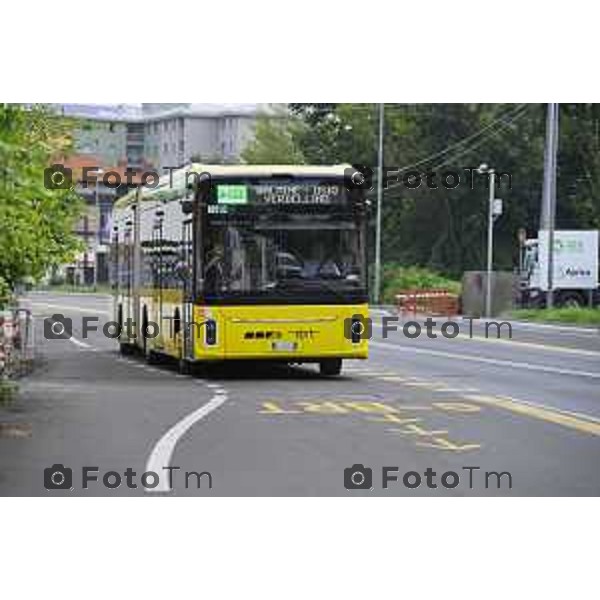 Bergamo viaggio inaugurale del nuovoEBRT elettrico dal capolinea dell\'e-BRT ( fronte alla Stazione Autolinee). a bordo del nuovo autobus tram su gomma. 28 luglio 2026 cronaca Bergamo Italia Foto Tiziano Manzoni Lapresse